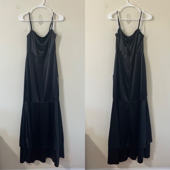 NWT LULUS Contemporary Romance Black Satin Tiered Mermaid Maxi Dress Black XL - Picture 3 of 12